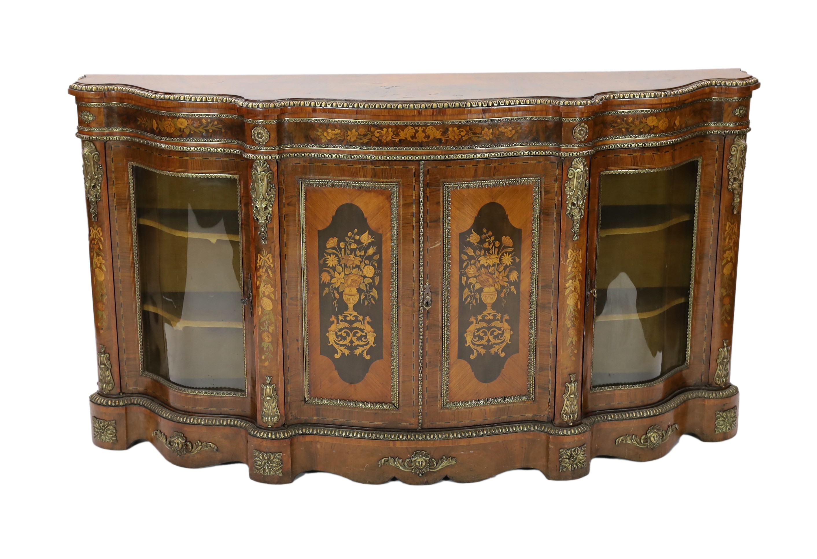 A Victorian marquetry inlaid walnut serpentine credenza, W.201cm D.48cm H.113.5cm